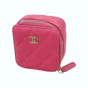 Chanel Pink Quilted Caviar Small Cube Jewelry Box Pouch Zipper Accessory